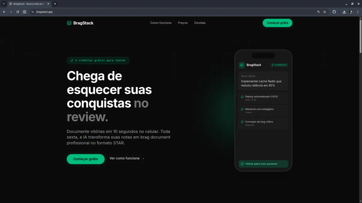 Tela inicial do BragStack, aplicativo de registro de conquistas