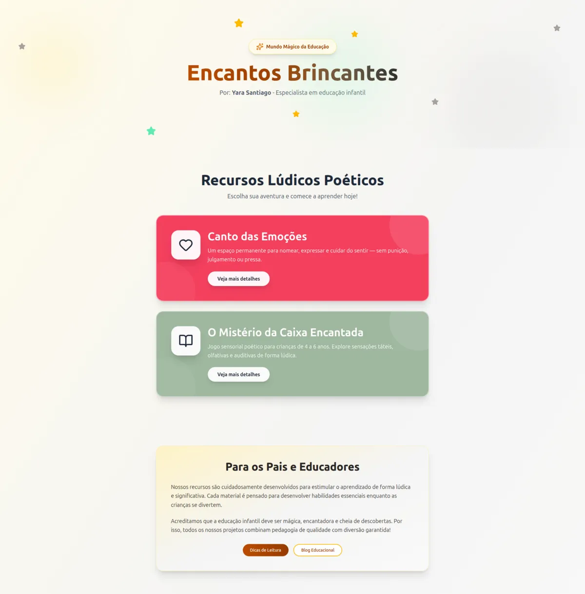 Página inicial da vitrine Encantos Brincantes, com produtos lúdicos para educação infantil