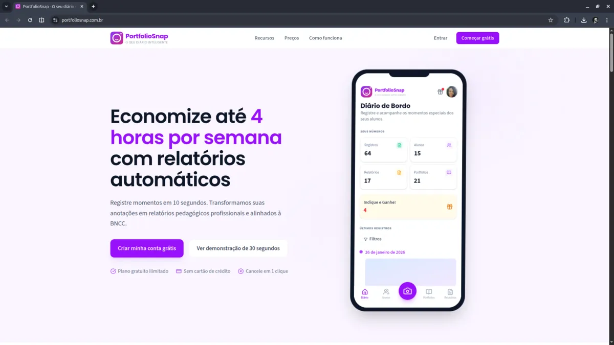 Tela do PortfolioSnap com o registro de atividades de uma turma