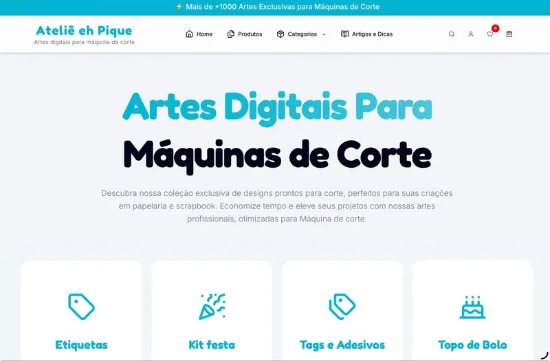 Página inicial da loja Ateliê éh Pique, de artes digitais para máquinas de corte