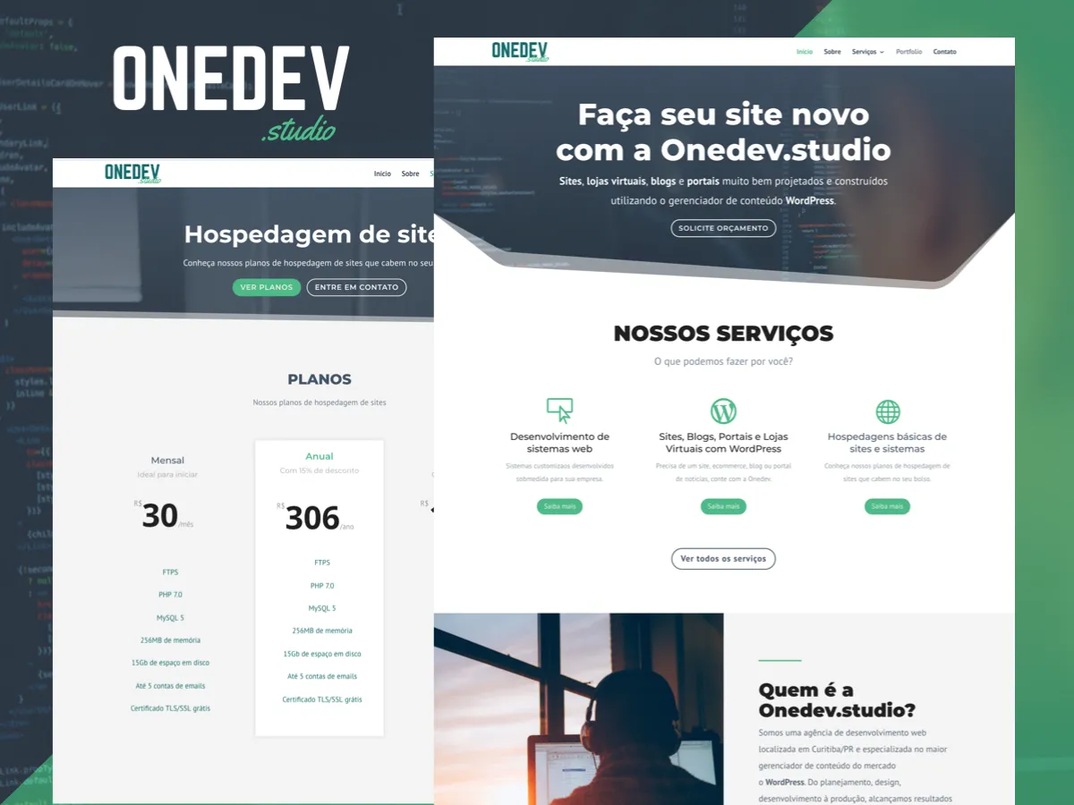 Página inicial do estúdio OneDev, com planos de hospedagem e serviços